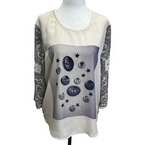 Maison Scotch Beige Black Graphic Top 3/4 Sleeves Size S